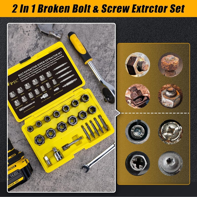 Topec 21 PCS Bolt Extractor Kit, 3/8" Drive Bolt & Nut Remover Socket Set, HSS 4341 Small Screw Extractor Set, 2-in-1 Removal Tool for Stripped, Broken, Damaged, Rounded Nuts, Screws - Image 3